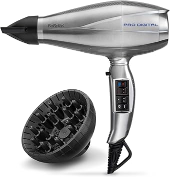 BaByliss Sèche-cheveux Pro Digital avec Diffuseur - Sèche-cheveux professionnel de 2200W ultra-rapide, Ionique, Fabriqué en Italie, 3 réglages de températures & 2 réglages de vitesse, Argent, 6000E