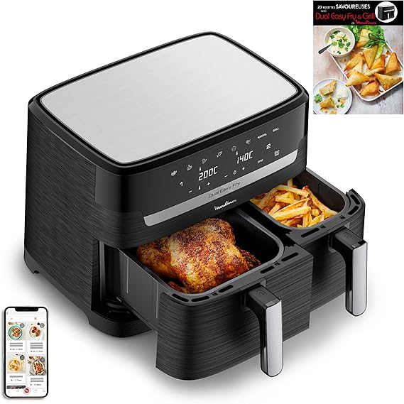 Moulinex air fryer deux compartiments + livre de 20 recettes, Capacité XXL 8,3L, Jusqu'à 8 personnes, 7 Programmes automatiques, Ecran tactile digital, Dual essential inox, YY5545FB